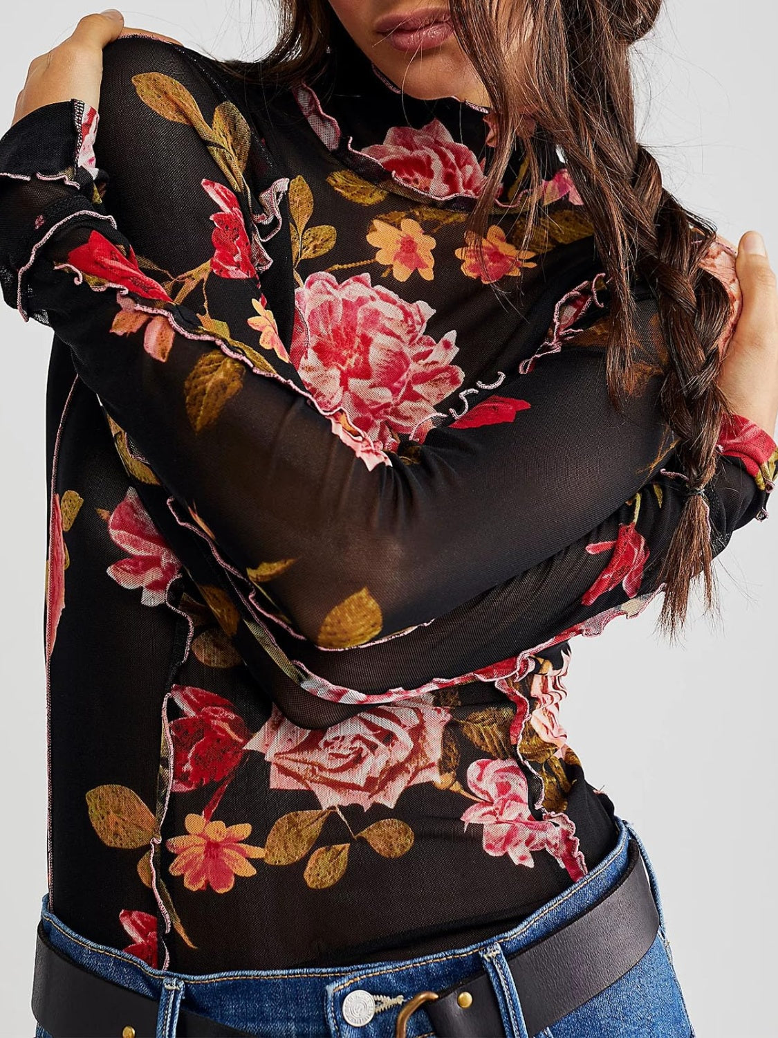 Explore More Collection - Floral Mock Neck Long Sleeve Top