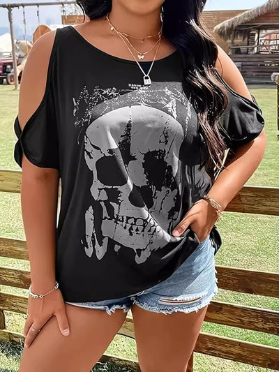 Explore More Collection - Plus Size Skeleton Graphic Round Neck Cold Shoulder T-Shirt