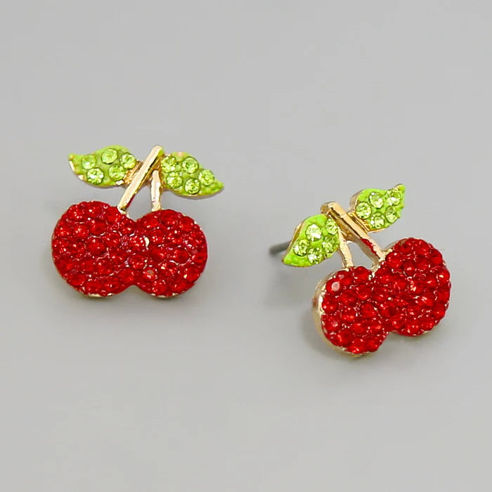 Cherry Glass Stone Pave Stud Earrings