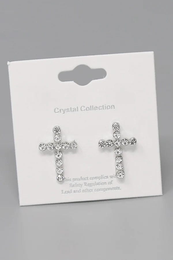 Cross Glass Stone Pave Stud Earrings
