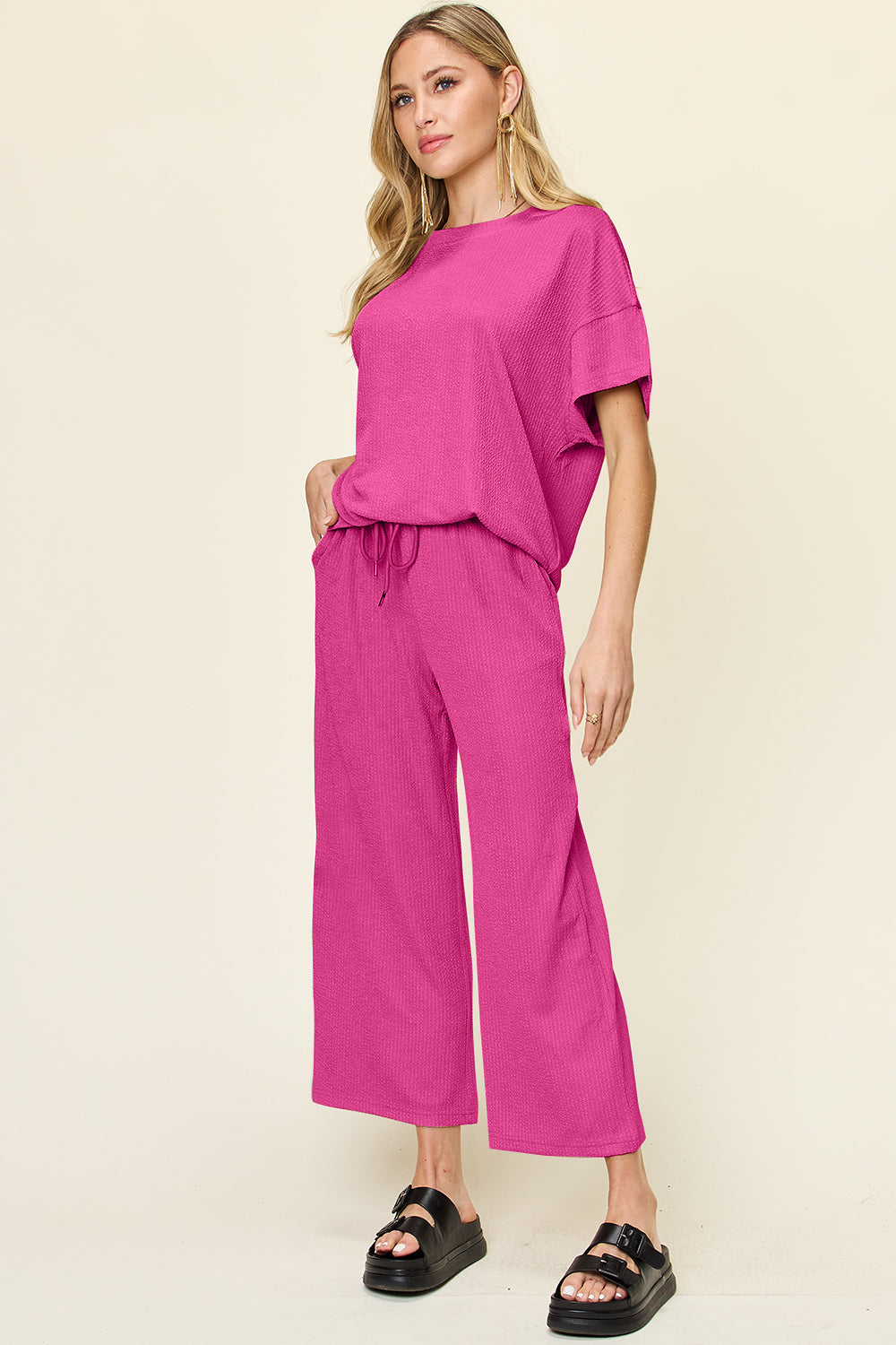 Explore More Collection - Double Take Full Size Texture Round Neck Short Sleeve T-Shirt and Wide Leg Pants