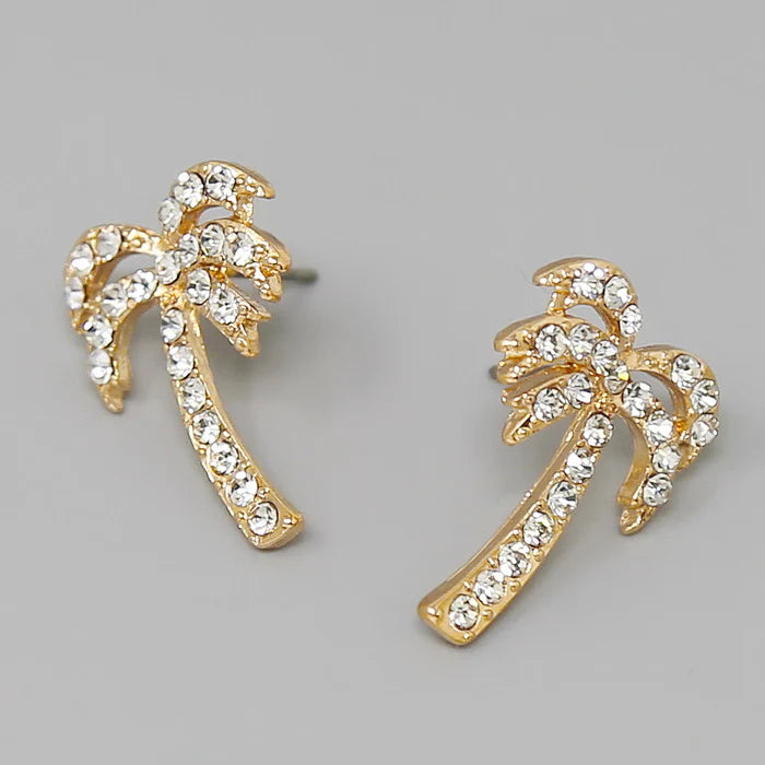 Palm Tree Glass Stone Pave Stud Earrings