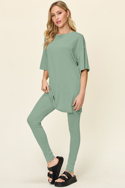 Explore More Collection - Double Take Full Size Round Neck Dropped Shoulder T-Shirt and Leggings Set