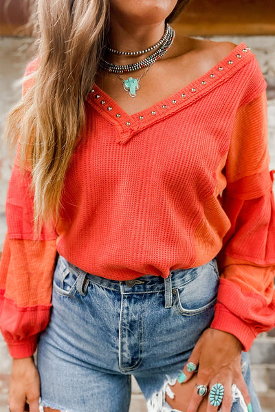 Explore More Collection - Studded Waffle-Knit V-Neck Long Sleeve Top