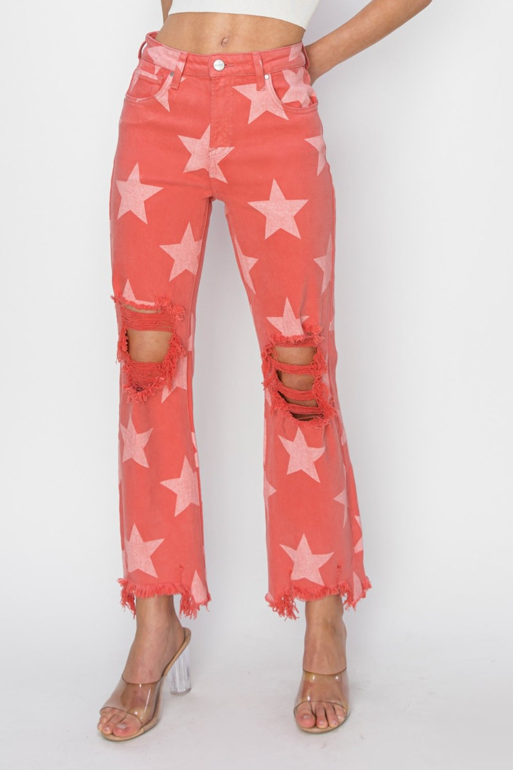 Explore More Collection - RISEN Full Size Distressed Raw Hem Star Pattern Jeans