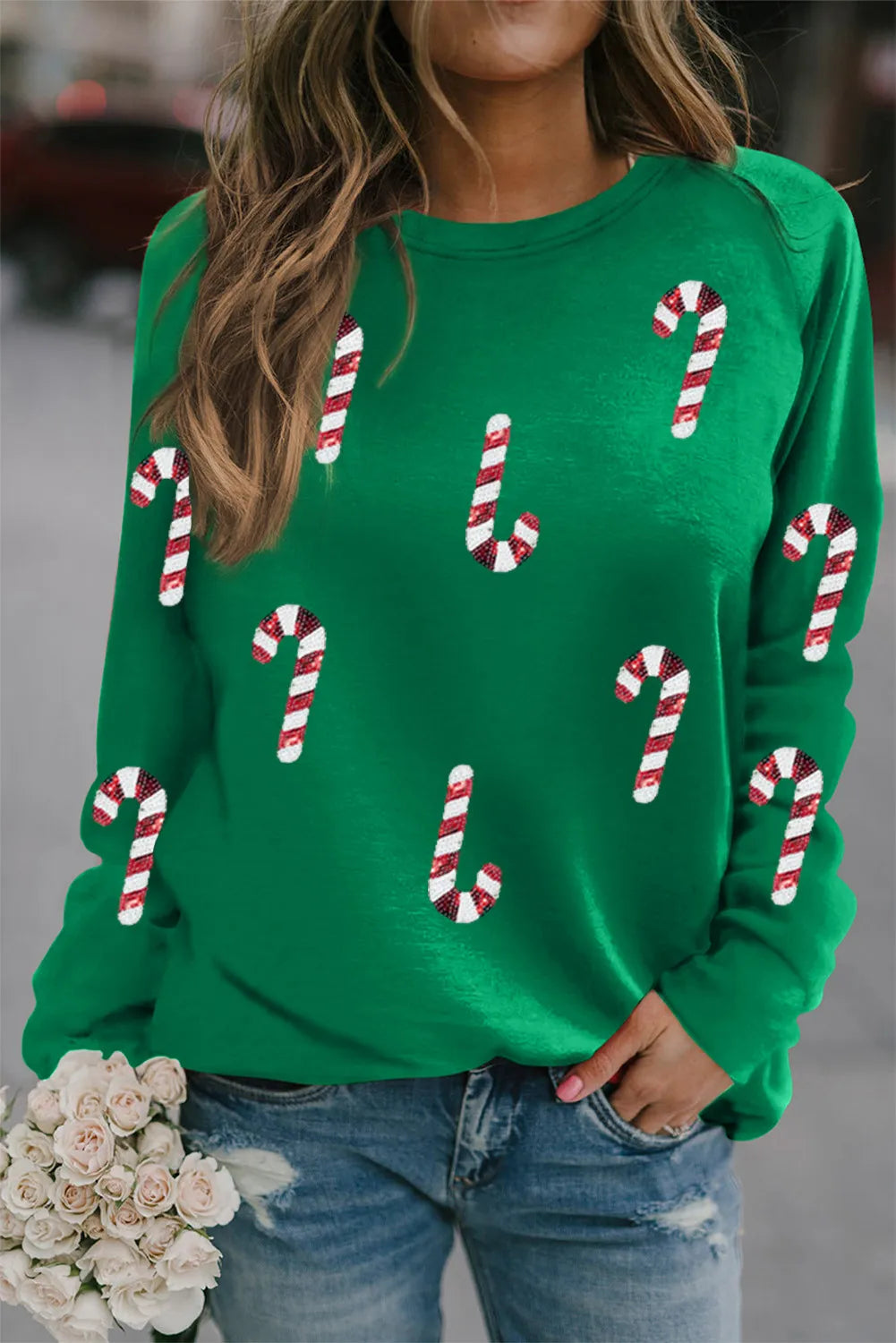 Explore More Collection - Candy Cane Round Neck Long Sleeve Sweatshirt