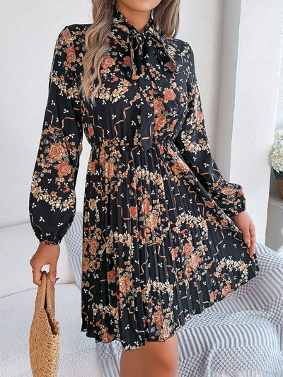 Explore More Collection - Pleated Printed Tie Neck Long Sleeve Dress