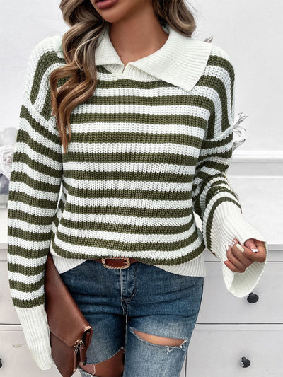 Explore More Collection - Striped Collared Neck Long Sleeve Sweater