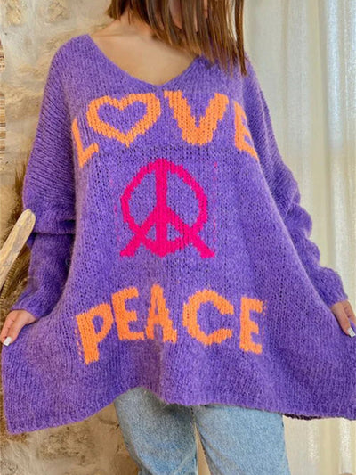 Explore More Collection - Peace Graphic V-Neck Long Sleeve Sweater