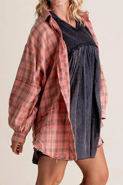 Explore More Collection - Exposed Seam Plaid Collared Neck Long Sleeve Shirt