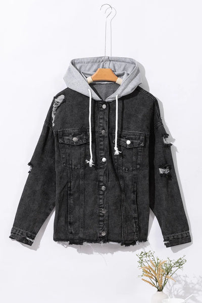 Explore More Collection - Distressed Drawstring Long Sleeve Hooded Denim Jacket