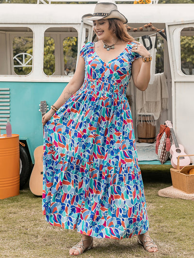 Explore More Collection - Plus Size Printed Cap Sleeve Dress