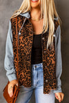 Explore More Collection - Leopard Distressed Drawstring Hooded Denim Jacket