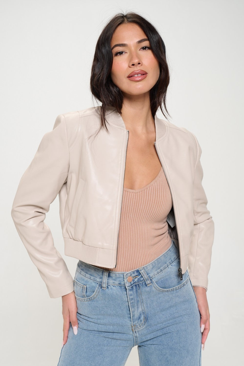 Explore More Collection - Coalition LA Zip Up Cropped Bomber Jacket