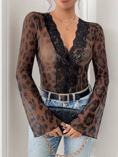 Explore More Collection - Perfee Leopard V-Neck Lace Bodysuit