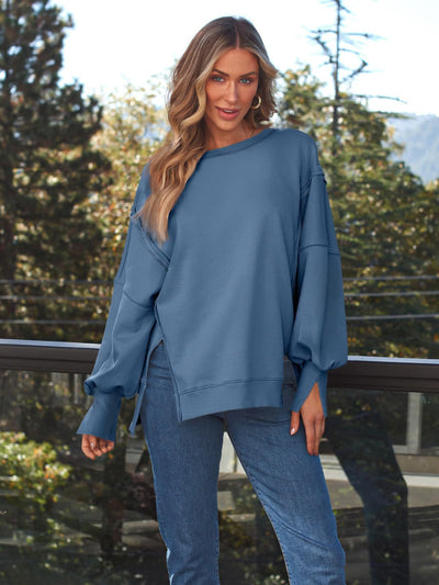 Explore More Collection - Slit Round Neck Long Sleeve Sweatshirt