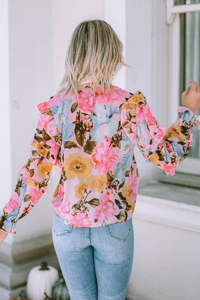 Explore More Collection - Ruffled Printed Tie Neck Flounce Sleeve Blouse