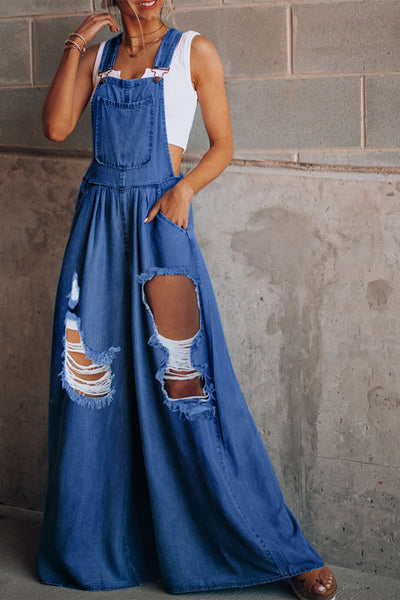 Explore More Collection - Distressed Wide Leg Denim Overalls