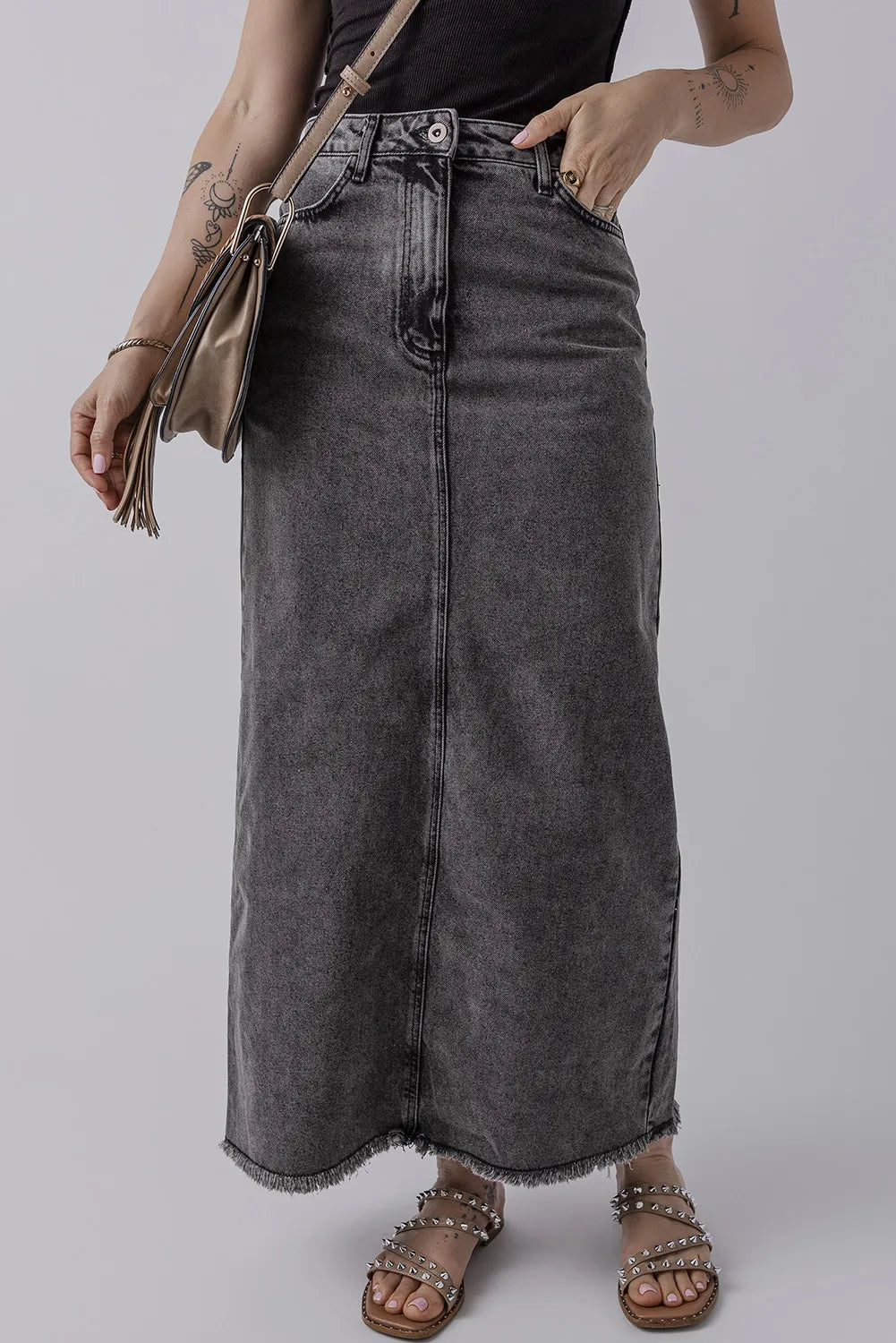 Explore More Collection - Raw Hem Midi Denim Skirt with Pockets