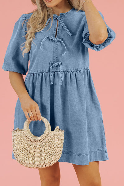 Explore More Collection - Bowknot Round Neck Half Sleeve Denim Dress