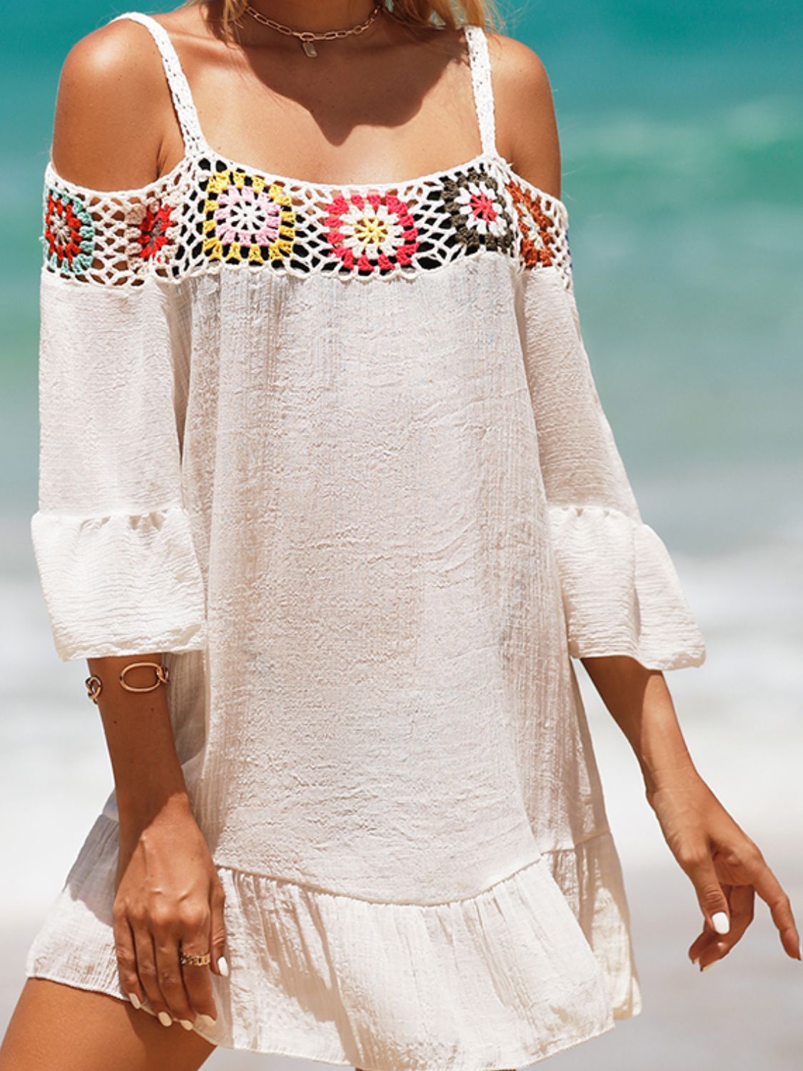 Explore More Collection - Crochet Cold Shoulder Three-Quarter Sleeve Cover Up