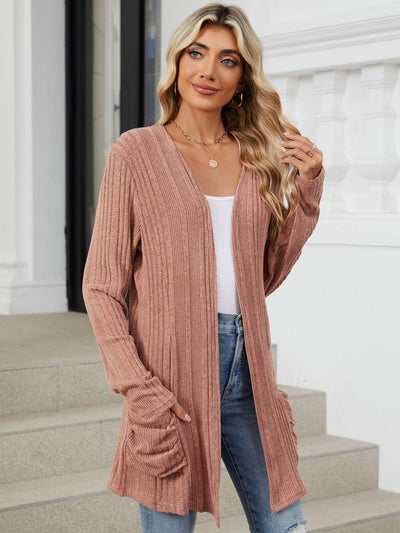 Explore More Collection - Pocketed Open Front Long Sleeve Cardigan