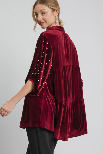 Explore More Collection - Umgee Pearl Detail Collared Neck Velvet Babydoll Blouse