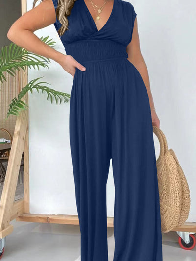 Explore More Collection - Smocked Cap Sleeve Wide Leg Jumpsuit