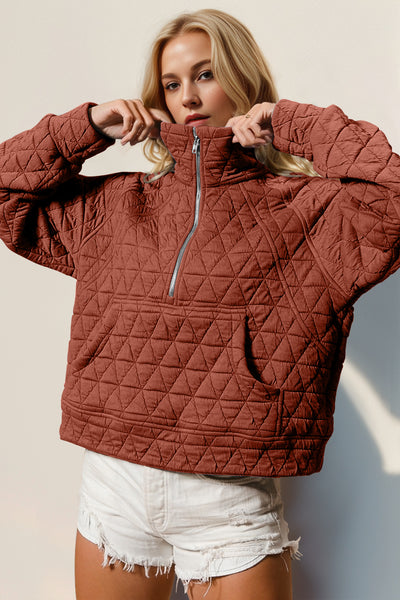 Explore More Collection - Double Take Half Zip Long Sleeve Quilted Sweatshirt with Pocket