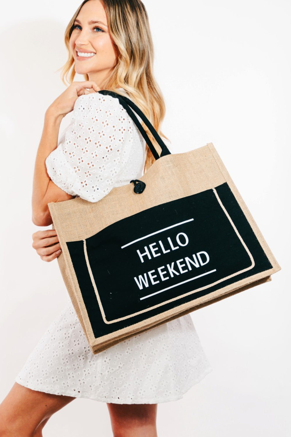 Explore More Collection - Fame Hello Weekend Burlap Tote Bag