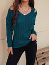 Explore More Collection - Honey Cable-Knit V-Neck Cold Shoulder Sweater