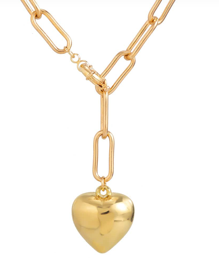 Charm and Link - Amour - Puffy Heart Paperclip Necklace: Yellow Gold