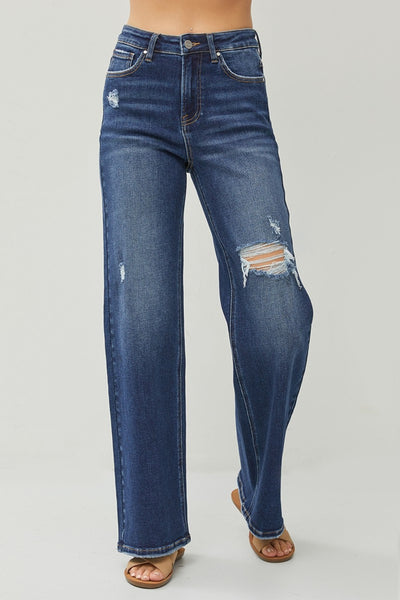 Explore More Collection - RISEN Full Size High Rise Distressed Wide Leg Jeans