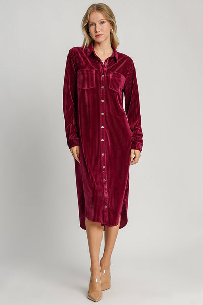 Explore More Collection - Umgee Texture Curved Hem Button Down Shirt Dress