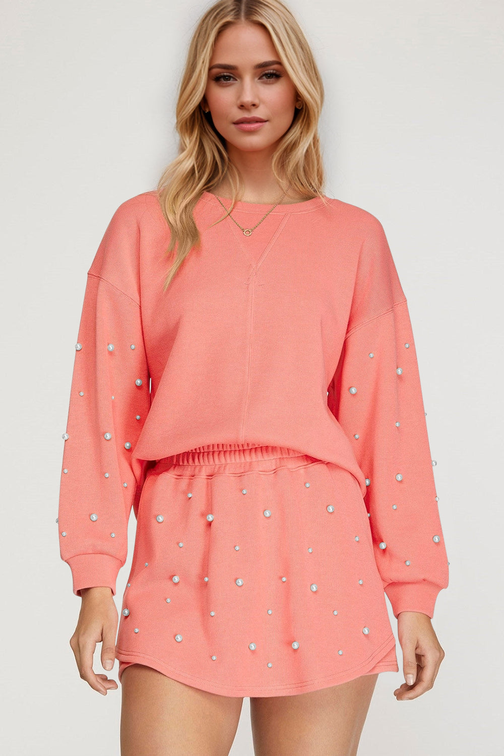 Explore More Collection - Oh Pearl Trim Round Neck Long Sleeve Top and Skirt Set