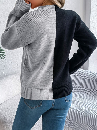 Explore More Collection - Contrast Round Neck Long Sleeve Sweater