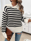 Explore More Collection - Striped Collared Neck Long Sleeve Sweater