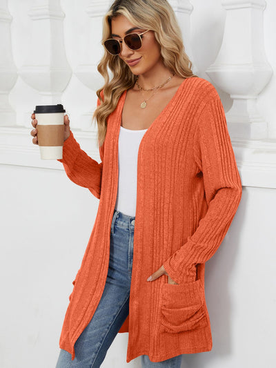 Explore More Collection - Pocketed Open Front Long Sleeve Cardigan