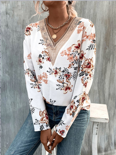 Explore More Collection - Printed V-Neck Long Sleeve Blouse