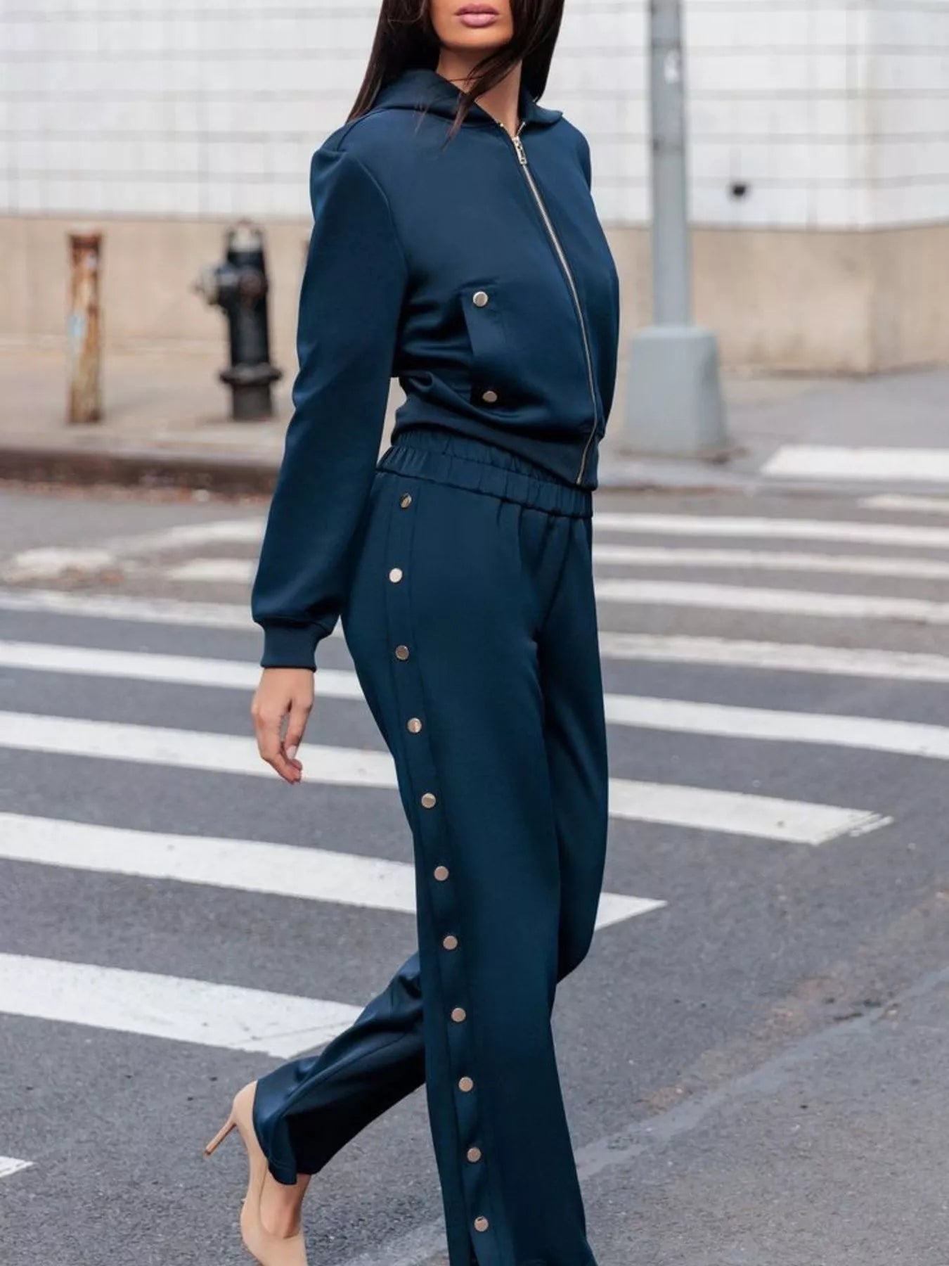 Hooded Zip-Up Jacket and Side-Button Wide-Leg Pant Set