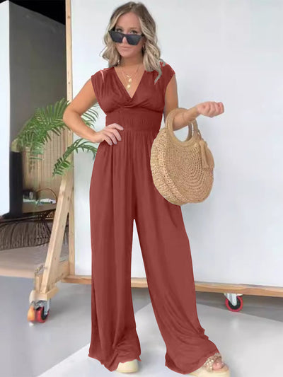 Explore More Collection - Smocked Cap Sleeve Wide Leg Jumpsuit