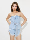 Explore More Collection - Buttoned Raw Hem Tube Denim Top