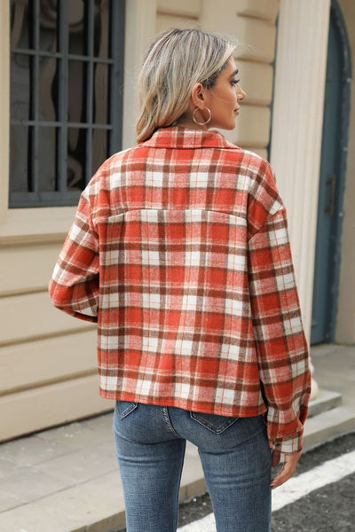 Explore More Collection - Pocketed Plaid Collared Neck Dropped Shoulder Jacket