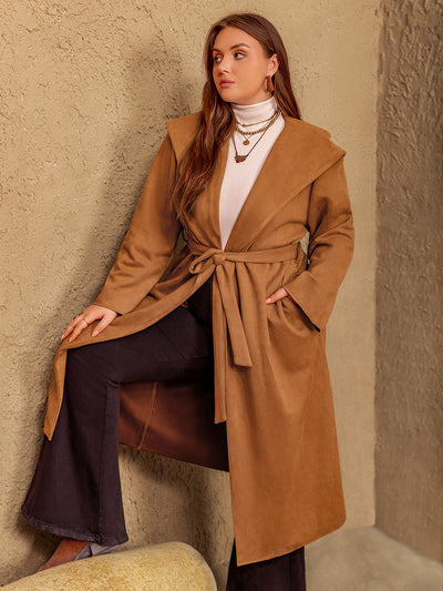 Explore More Collection - Plus Size Tied Long Sleeve Hooded Coat with Pockets