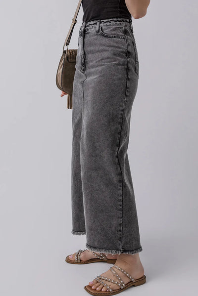 Explore More Collection - Raw Hem Midi Denim Skirt with Pockets