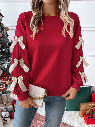 Explore More Collection - Perfee Bow Round Neck Long Sleeve Sweatshirt