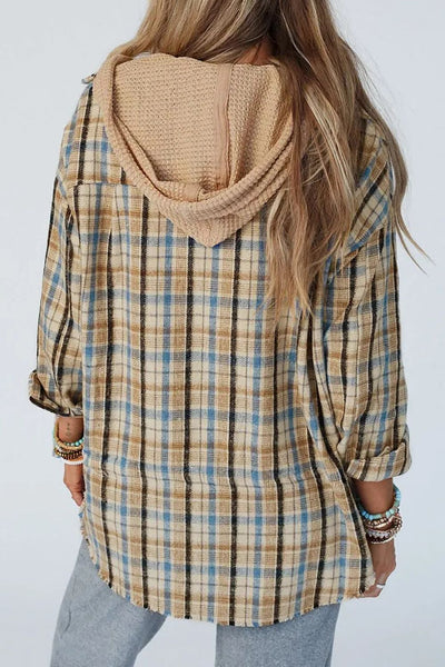 Explore More Collection - Drawstring Plaid Button Up Hooded Shacket