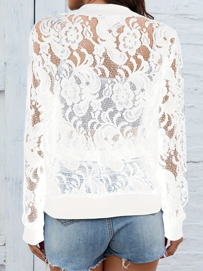 Explore More Collection - Sheer Lace Zip Up Long Sleeve Jacket