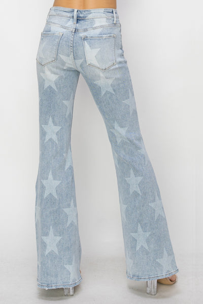 Explore More Collection - RISEN Mid Rise Button Fly Start Print Flare Jeans