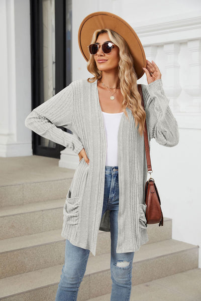 Explore More Collection - Pocketed Open Front Long Sleeve Cardigan